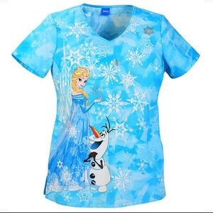 Tooniforms Disney Frozen V-Neck Medical Scrub Top Elsa & Olaf XXS NWT